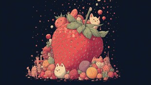 草莓上的萌猫与缤纷水果