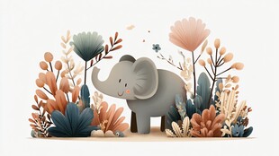 小象漫步于缤纷花草间