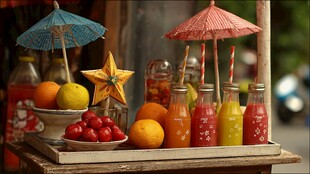 街头缤纷果汁与鲜果摊位