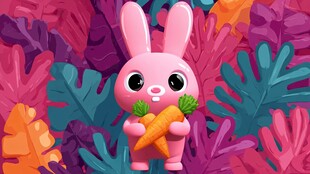 萌趣小兔抱胡萝卜于彩叶间