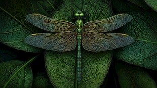 绿叶上的翠绿蜻蜓