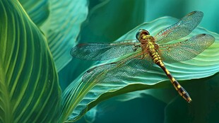 绿叶上的精致蜻蜓