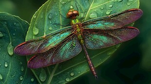 彩翼蜻蜓栖于带露绿叶间