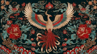 中式凤凰花卉刺绣图案