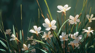 白色小花绽放于绿草间