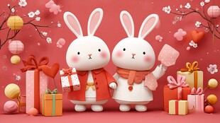 双兔贺礼 洋溢甜蜜氛围