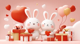 可爱兔子与浪漫礼物场景
