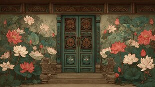 中式古门旁的绚烂荷花景
