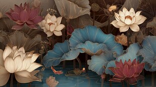 中式荷塘花卉梦幻插画