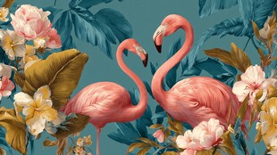 双火烈鸟栖于繁花绿叶间