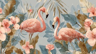 双火烈鸟置身繁花绿叶间