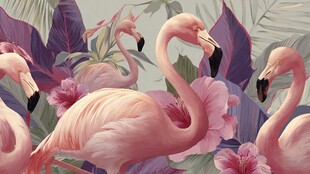 粉红火烈鸟与热带花卉景观