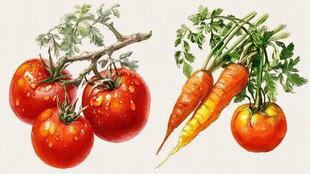 水彩绘新鲜番茄与胡萝卜