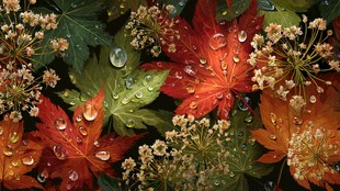 秋意枫叶露珠花卉景致