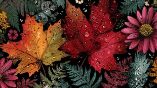 秋景花卉枫叶露珠画面