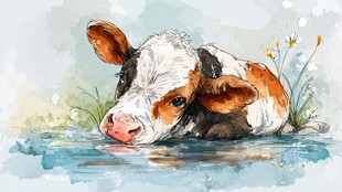 水中休憩的可爱小牛犊