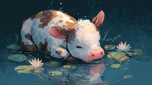 水中酣睡的可爱小牛犊