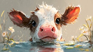 水中可爱小牛萌态尽显