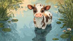 水中可爱小牛的清新场景