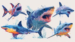 多彩鲨鱼群的动感艺术画