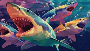 群鲨来袭 奇幻低多边形海洋图景