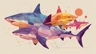 多彩几何鲨鱼群艺术插画