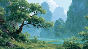 青山绿水间的葱郁树木