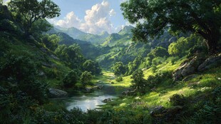 山间溪流畔的绿意盎然景致