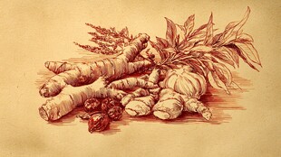 手绘姜与果实静物图