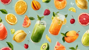 缤纷水果与鲜榨果汁插画