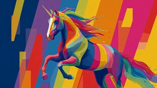 彩色独角兽奔腾的奇幻画面