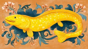 金色鲶鱼伴花卉装饰画