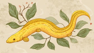 金色鳗鱼伴绿叶插画