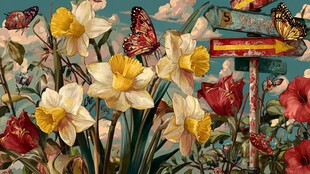 春日花卉与蝴蝶景致