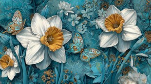 水仙蝴蝶共绘梦幻蓝调景