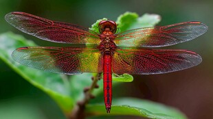 红蜻蜓停绿叶上的美丽瞬间