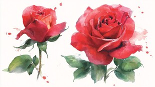 两朵娇艳红玫瑰水彩画