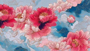 国色牡丹海浪中式风插画