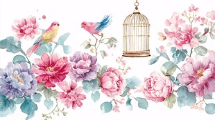 花鸟与笼的唯美水彩画