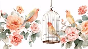 花鸟相伴 笼中与花间的雀鸟