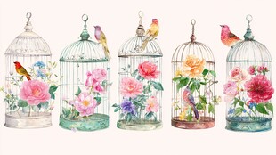 水彩花鸟笼插画艺术作品