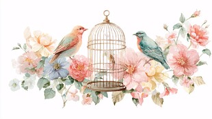 花鸟相伴的精致笼中景致