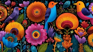 缤纷花鸟绘就梦幻自然图景