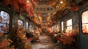梦幻秋叶装饰的复古列车