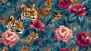 虎伴繁花的自然风情图案