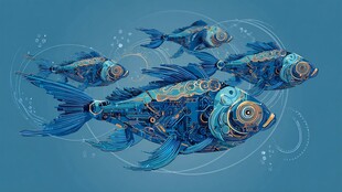 机械风蓝色游动鱼群画面