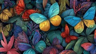 多彩蝴蝶与繁茂叶片图景