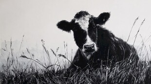 黑白草地上休憩的奶牛