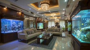 豪华客厅中的大型观赏鱼缸