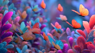 梦幻多彩花丛中的蝴蝶飞舞